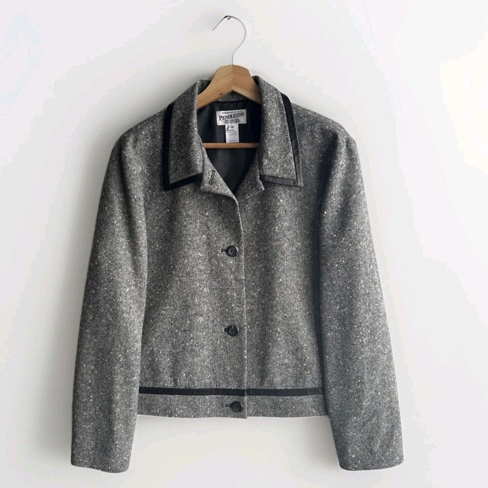 Pendleton Women's Button Front Tweed Leather Trim Blazer 100% Wool Size 18 Gray